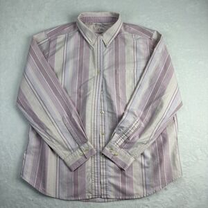 L L Bean Women Striped Button Down Shirt L REG Pink White Cotton Long Sleeve